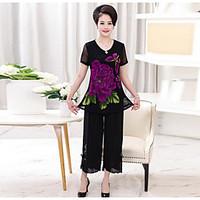 Women\'s Casual/Daily Simple T-shirt Pant Suits, Floral Round Neck Short Sleeve Micro-elastic