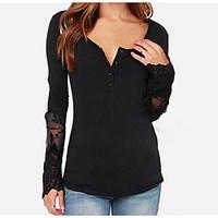 Women\'s Casual/Daily Simple T-shirt, Solid V Neck Long Sleeve Cotton Thin