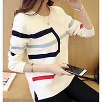Women\'s Casual/Daily Simple T-shirt, Striped Round Neck Long Sleeve Cotton