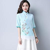 Women\'s Casual/Daily Cute Chinoiserie Shirt, Floral Stand ½ Length Sleeve Cotton Linen