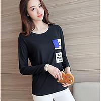 womens simple t shirt print round neck long sleeve cotton