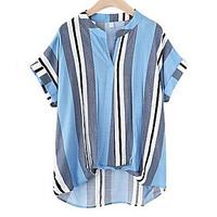 Women\'s Going out Casual/Daily Simple Spring Summer Shirt, Color Block Shirt Collar Short Sleeve Linen Medium