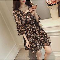 Women\'s Going out A Line Dress, Floral V Neck Above Knee ½ Length Sleeve Polyester Spring Summer Mid Rise Micro-elastic Thin