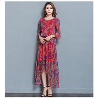 Women\'s Casual/Daily Chiffon Swing Dress, Print Round Neck Midi ¾ Sleeve Polyester Spring Summer Mid Rise Micro-elastic Thin