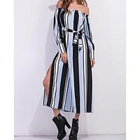 Women\'s Going out Casual/Daily Simple Sheath Dress, Striped Color Block Boat Neck Maxi Long Sleeve Linen Spring Summer High Rise