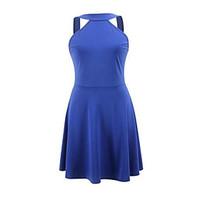 Women\'s Casual/Daily Skater Dress, Solid Halter Above Knee Sleeveless Cotton Summer Mid Rise Inelastic Thin