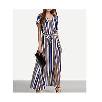 Women\'s Casual/Daily Simple Loose Dress, Striped V Neck Maxi Short Sleeve Silk Cotton Spring Summer Mid Rise Inelastic Medium