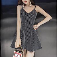 Women\'s Going out A Line Dress, Striped V Neck Above Knee Sleeveless Others Summer Mid Rise Inelastic Thin