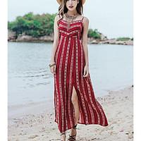 Women\'s Casual/Daily Simple Swing Dress, Striped Strap Maxi Short Sleeve Silk Cotton Spring Summer High Rise Micro-elastic Medium