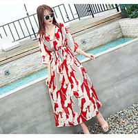 Women\'s Casual/Daily Simple Loose Dress, Print V Neck Maxi ½ Length Sleeve Cotton Summer High Rise Inelastic Thin