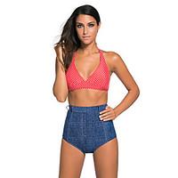 Women\'s Vintage Red Polka Dot Blue Denim High Waisted Swimsuit