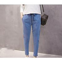 womens mid rise micro elastic loose jeans pants simple relaxed solid