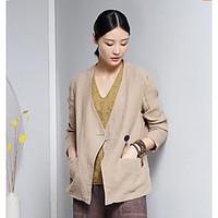 Women\'s Daily Simple Spring Fall Blazer, Solid V Neck Long Sleeve Short Linen