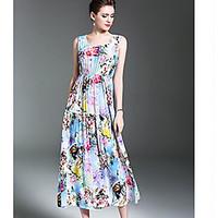 Women\'s Casual Swing Dress, Floral Round Neck Maxi Short Sleeve Cotton Spring High Rise Micro-elastic Medium