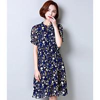 Women\'s Daily Going out Vintage Cute A Line Dress, Floral Stand Knee-length Short Sleeve Polyester Summer Mid Rise Micro-elastic Medium