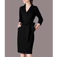 Women\'s Business Shift Dress, Solid Round Neck Midi 3/4 Length Sleeve Cotton Spring Mid Rise Micro-elastic Medium