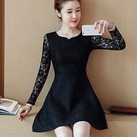 Women\'s Casual Lace Dress, Solid Round Neck Above Knee Long Sleeve Cotton Spring Summer Mid Rise Micro-elastic Medium