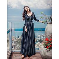 Women\'s Party/Evening Vintage Sophisticated Swing Dress, Striped V Neck Maxi Long Sleeve Others Spring Summer High Rise Inelastic Medium