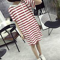 Women\'s Casual/Daily Simple Loose T Shirt Dress, Striped Round Neck Above Knee Short Sleeve Cotton Knit Summer High Rise Micro-elastic