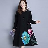 Women\'s Casual/Daily Simple Loose Dress, Floral Round Neck Knee-length Long Sleeve Cotton Summer Mid Rise Micro-elastic Medium