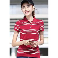 Women\'s Casual/Daily Chinoiserie Shirt, Striped Shirt Collar Short Sleeve Cotton