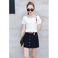 Women\'s Going out Casual/Daily Simple Cute Summer T-shirt Skirt Suits, Solid Round Neck Short Sleeve