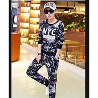 Women\'s Casual/Daily Simple Fall Hoodie Pant Suits, Print Round Neck Long Sleeve Micro-elastic