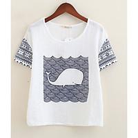 Women\'s Casual/Daily Beach Simple Cute Spring Summer T-shirt, Print Patchwork Round Neck Short Sleeve Cotton Linen Thin