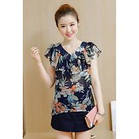 Women\'s Casual/Daily Simple Summer T-shirt Skirt Suits, Floral V Neck Short Sleeve Micro-elastic