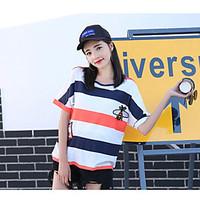 Women\'s Going out Casual/Daily Cute T-shirt, Striped Round Neck Short Sleeve Cotton