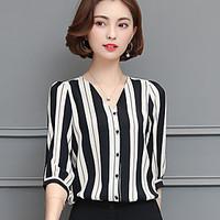 Women\'s Casual/Daily Simple Summer Blouse, Striped V Neck Short Sleeve Polyester