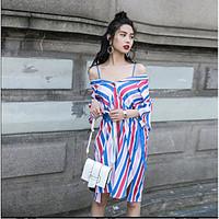 Women\'s Going out Casual/Daily Beach Vintage Street chic Swing Dress, Striped Off Shoulder Above Knee Short Sleeve Silk Spring SummerHigh