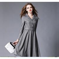 Women\'s Other Vintage A Line Dress, Solid V Neck Knee-length Long Sleeve Cotton Spring Summer Mid Rise Micro-elastic Medium