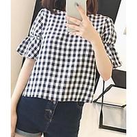 Women\'s Casual/Daily Simple Cute Spring Summer Shirt, Check Round Neck Short Sleeve Cotton Thin