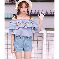 Women\'s Going out Casual/Daily Beach Simple Cute Spring Summer Shirt, Print Embroidered Boat Neck ½ Length Sleeve Cotton Linen Thin