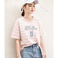 Women\'s Casual/Daily Simple Cute Spring Summer T-shirt, Print Letter Round Neck Short Sleeve Cotton Thin