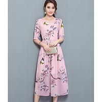 Women\'s Going out Vintage Swing Dress, Floral Round Neck Midi ½ Length Sleeve Others Summer Mid Rise Inelastic Thin