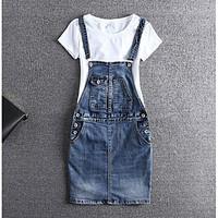 womens casualdaily simple denim dress solid strap above knee sleeveles ...