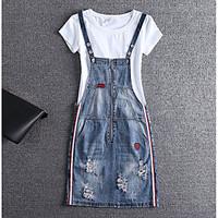 Women\'s Casual/Daily Denim Dress, Solid Strap Above Knee Sleeveless Polyester Summer Mid Rise Micro-elastic Thin