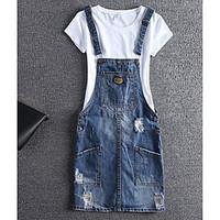 Women\'s Casual/Daily Denim Dress, Solid Strap Above Knee Sleeveless Polyester Summer Mid Rise Inelastic Thin