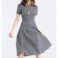 Women\'s Going out Casual/Daily Party Sexy Vintage Cute A Line Sheath Dress, Solid Check Round Neck Above Knee ¾ Sleeve Cotton LinenSpring