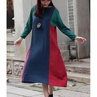Women\'s Going out Swing Dress, Color Block Round Neck Maxi Midi Long Sleeve Linen Spring Mid Rise Micro-elastic Medium