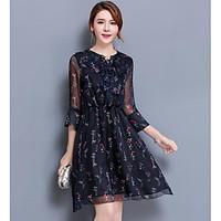 Women\'s Going out Swing Dress, Print Round Neck Above Knee ¾ Sleeve Others Summer Mid Rise Micro-elastic Thin