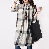 Women\'s Check Blue / White / Yellow Slim Thin Blouse , Stand Asymmetric Two Ways Wear Long Sleeve Cotton / Linen