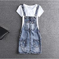 Women\'s Casual/Daily Simple Denim Dress, Solid Strap Above Knee Sleeveless Polyester Summer Mid Rise Micro-elastic Thin