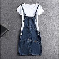 Women\'s Casual/Daily Simple Denim Dress, Solid Strap Above Knee Sleeveless Polyester Summer Mid Rise Micro-elastic Thin