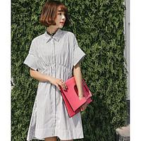 Women\'s Casual/Daily Simple A Line Dress, Striped Shirt Collar Above Knee Short Sleeve Polyester Summer High Rise Micro-elastic Thin