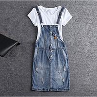 Women\'s Casual/Daily Simple Denim Dress, Solid Strap Above Knee Sleeveless Polyester Summer Mid Rise Micro-elastic Thin Thick