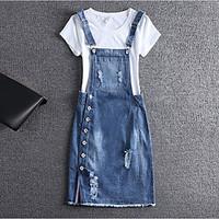 Women\'s Casual/Daily Simple Denim Dress, Solid Strap Knee-length Sleeveless Polyester Summer Mid Rise Micro-elastic Thin