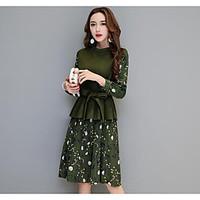 Women\'s Casual/Daily Swing Dress, Jacquard Stand Knee-length Long Sleeve Polyester Spring Mid Rise Inelastic Medium